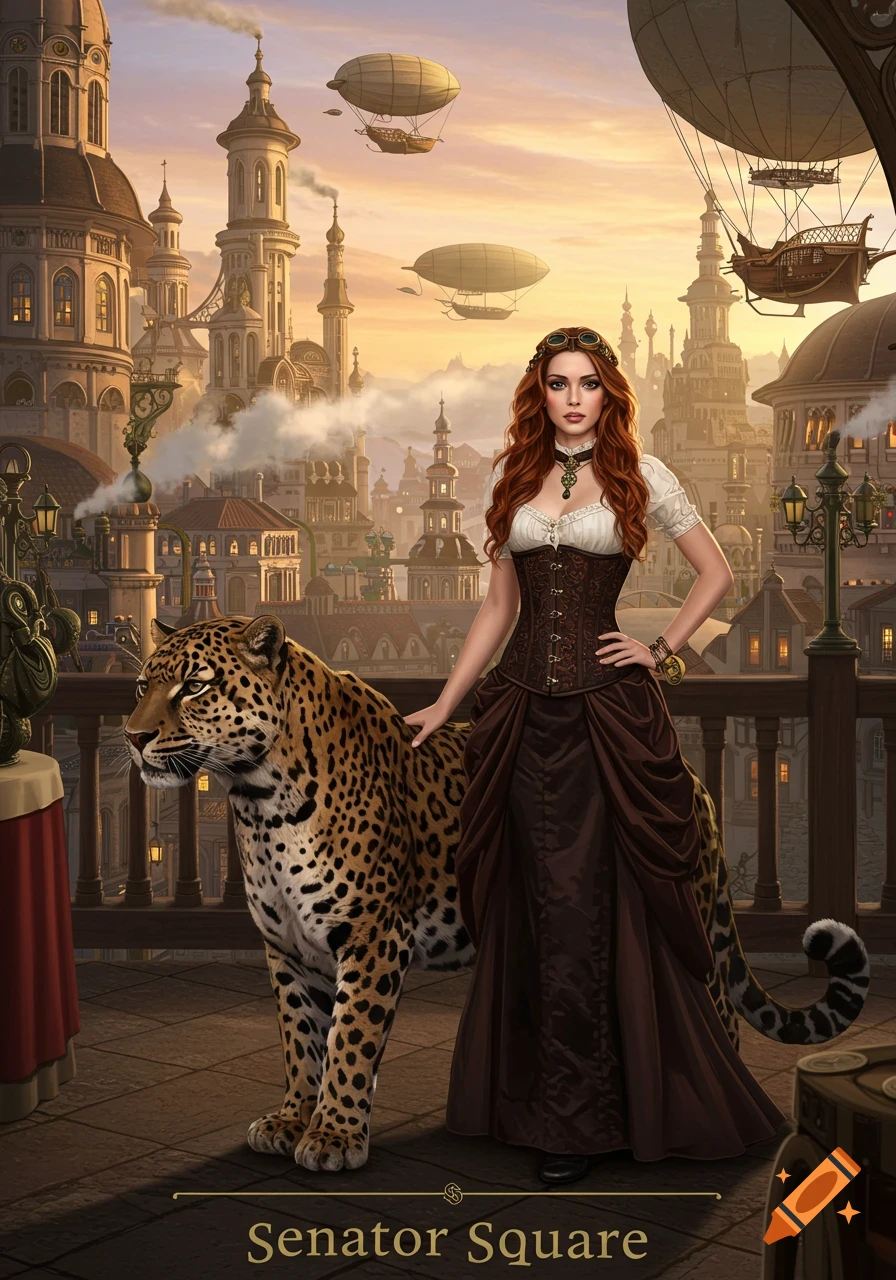A woman in a steampunk outfit with a leopard on a balcony overlooking a city with airships at sunset.