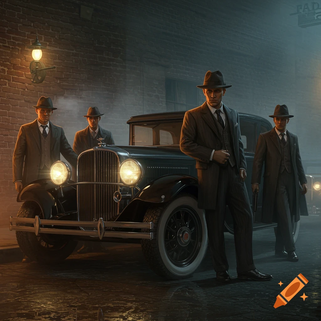 Four gangsters in fedoras stand around a vintage car at night.