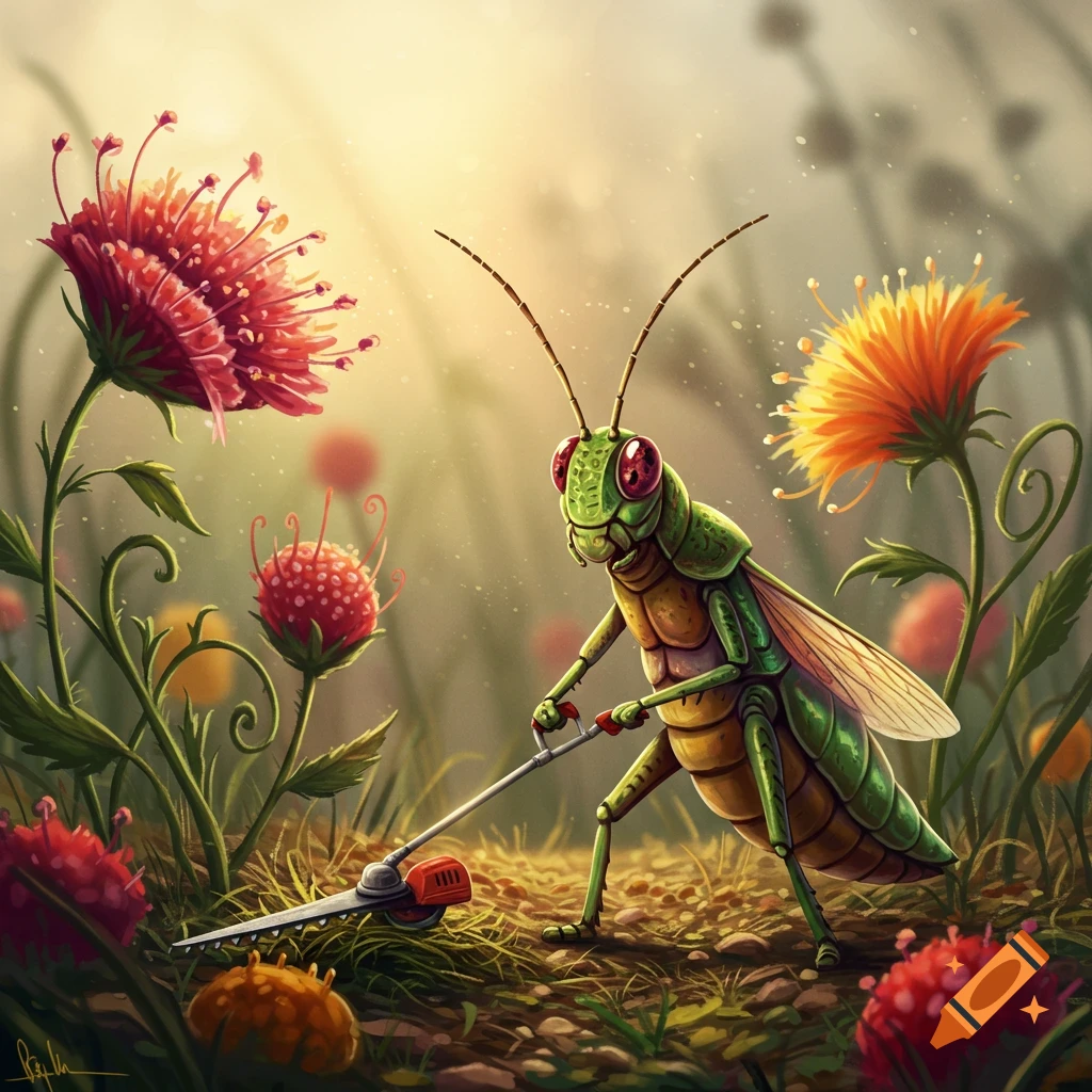 Cartoon grasshopper using a weed eater in a bright garden.
