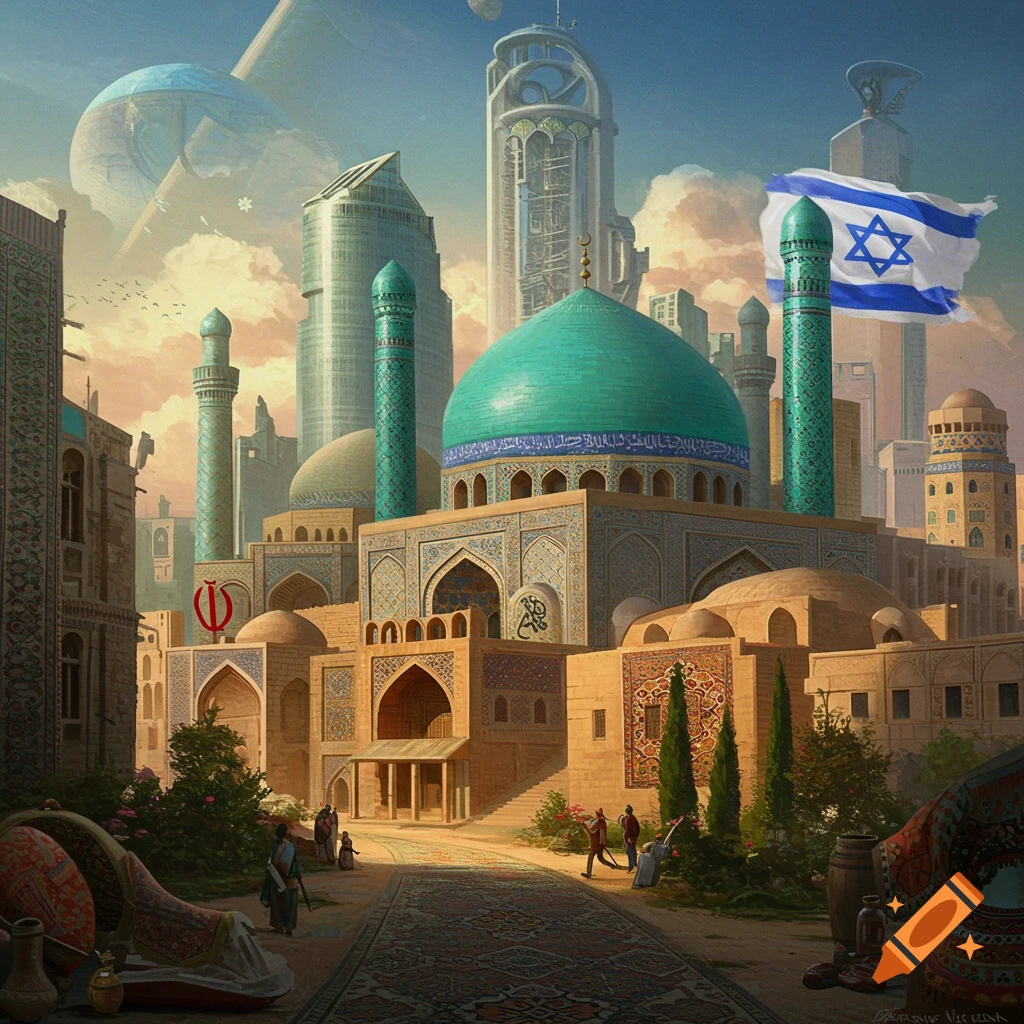 A mosque and traditional buildings stand before futuristic skyscrapers under a cloudy sky, with Iranian emblem and Israeli flag visible.