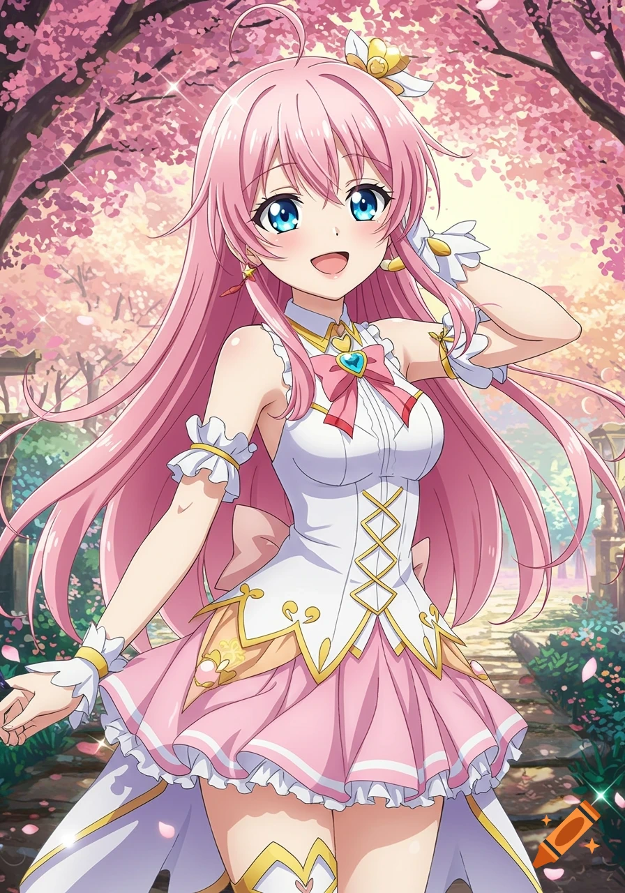Anime girl with pink hair and blue eyes in a white and pink dress in a cherry blossom park.