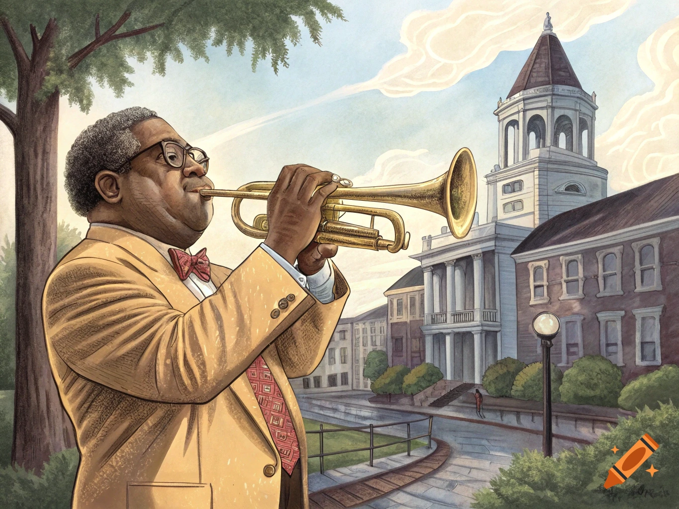 Illustration of a man in a suit playing a trumpet in front of a large white building and tree.