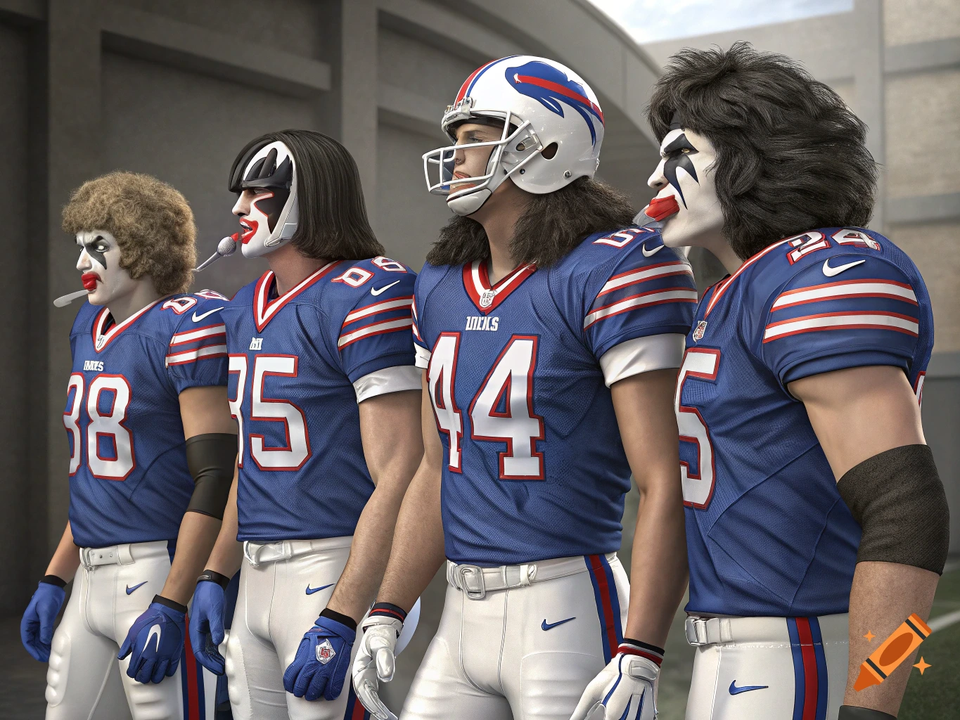 Four Buffalo Bills players wearing KISS makeup stand side-by-side, one with a helmet.