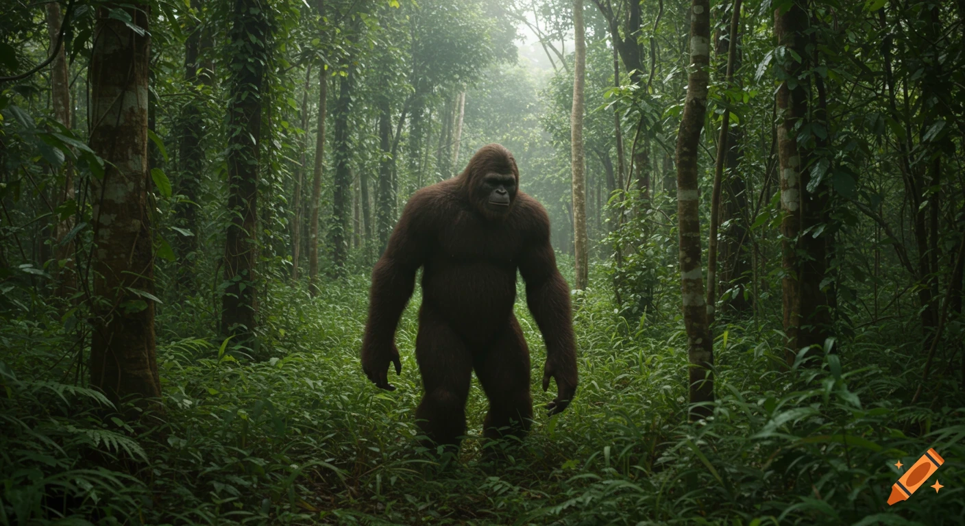 A large, hairy Bigfoot creature stands in a dense, misty forest.
