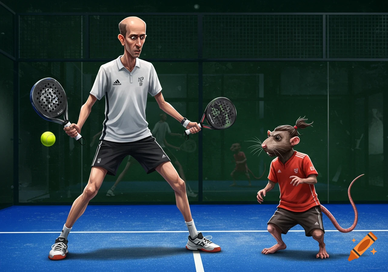 A tall, skinny man plays padel against a rat-like creature on a blue court.