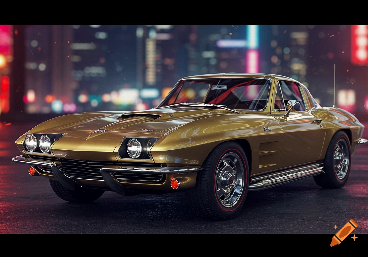 A golden classic Corvette Stingray sits parked at night with city lights blurred in the background.