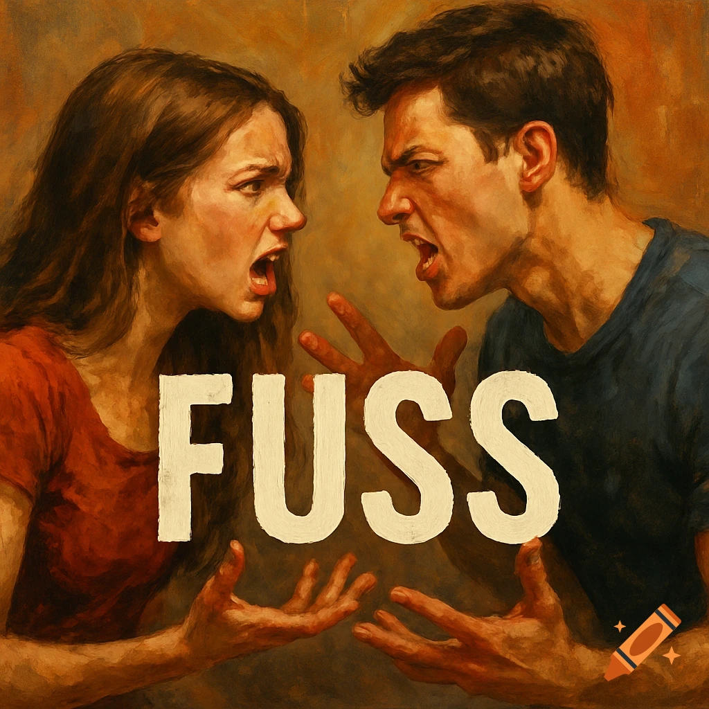 Painterly illustration of a couple yelling at each other with the word FUSS in the center