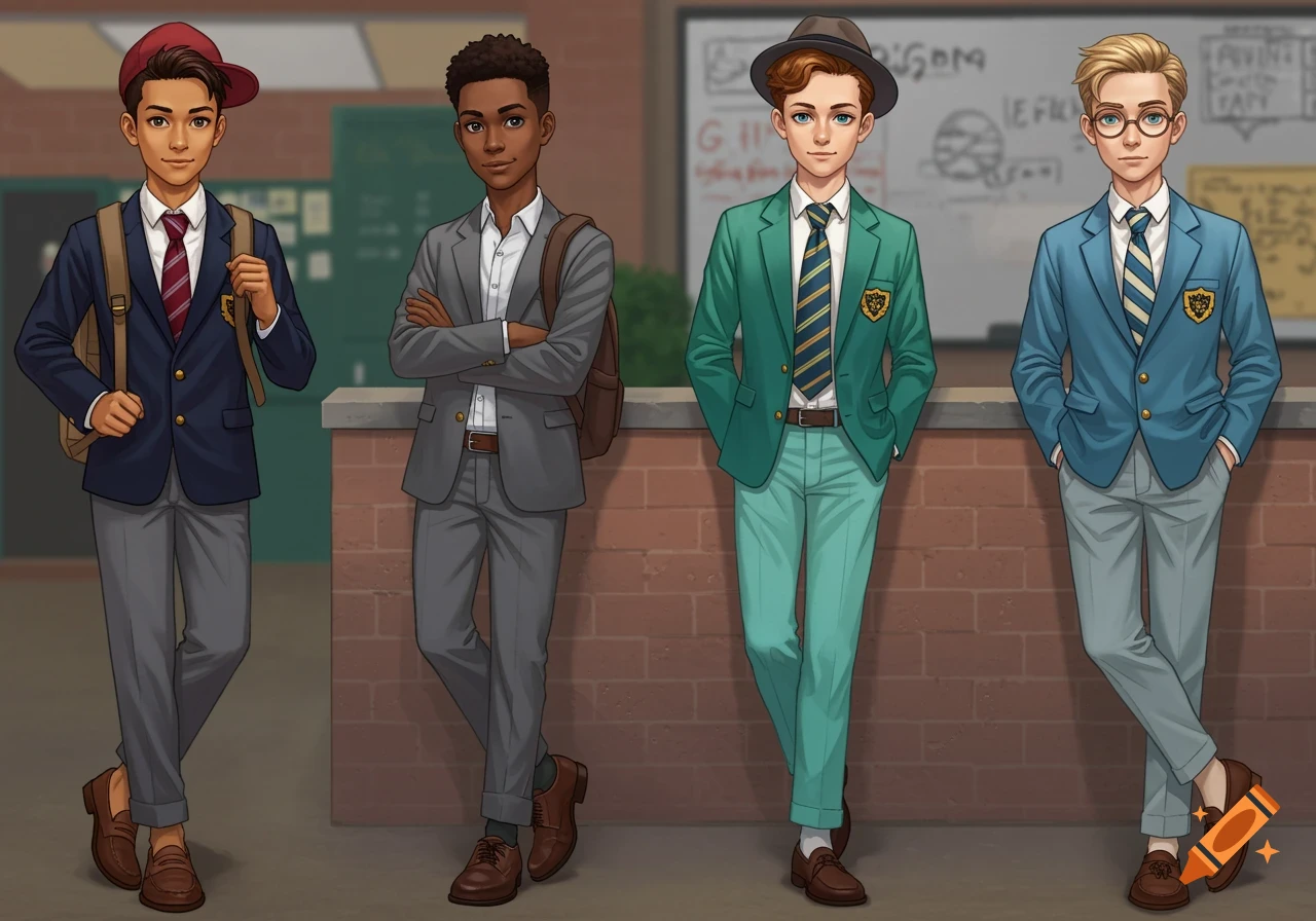 Four young boys in school uniforms standing together, illustrated