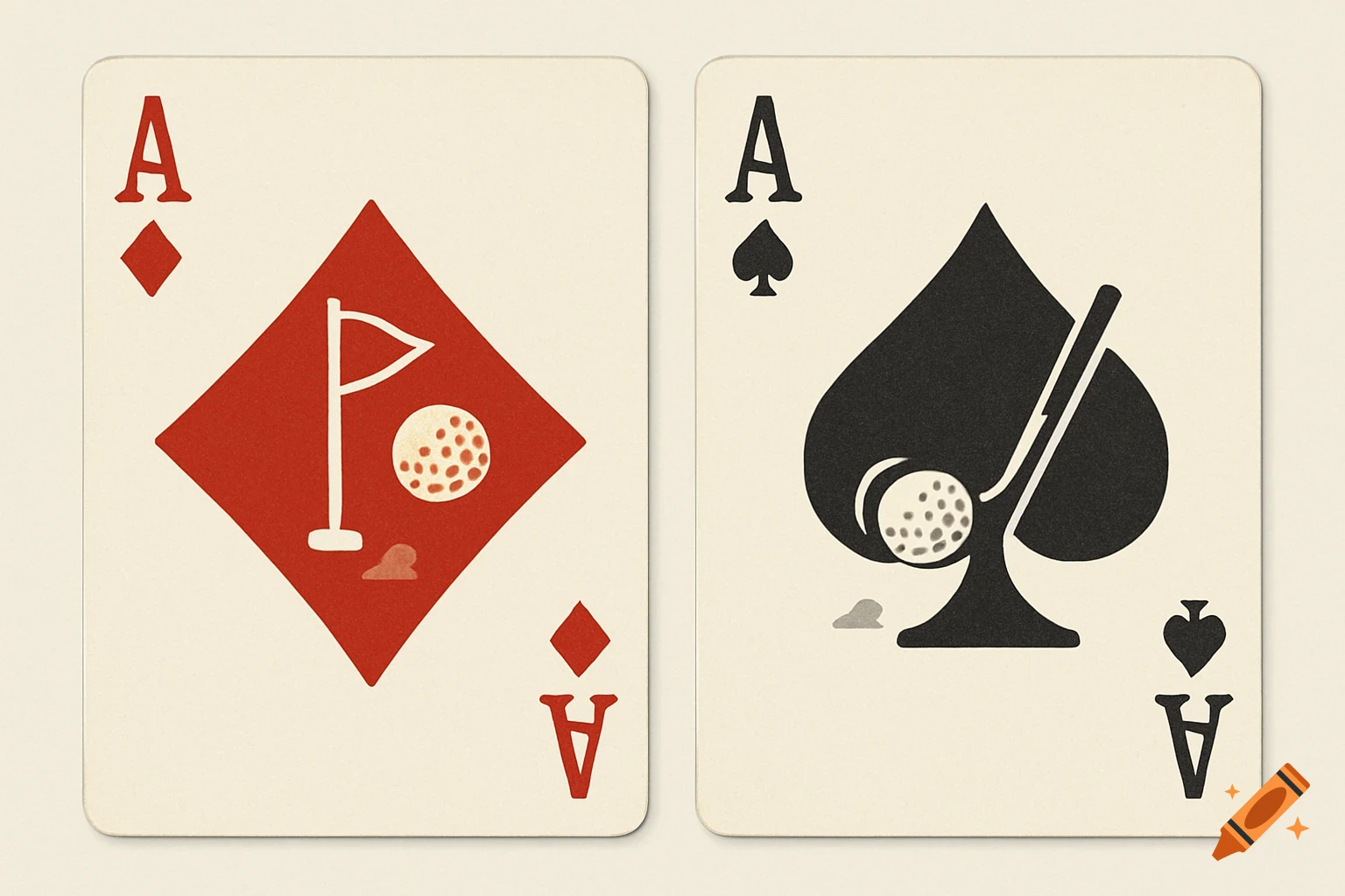 Two playing cards, an Ace of Diamonds with a golf flag and ball, and an Ace of Spades with a golf club and ball.