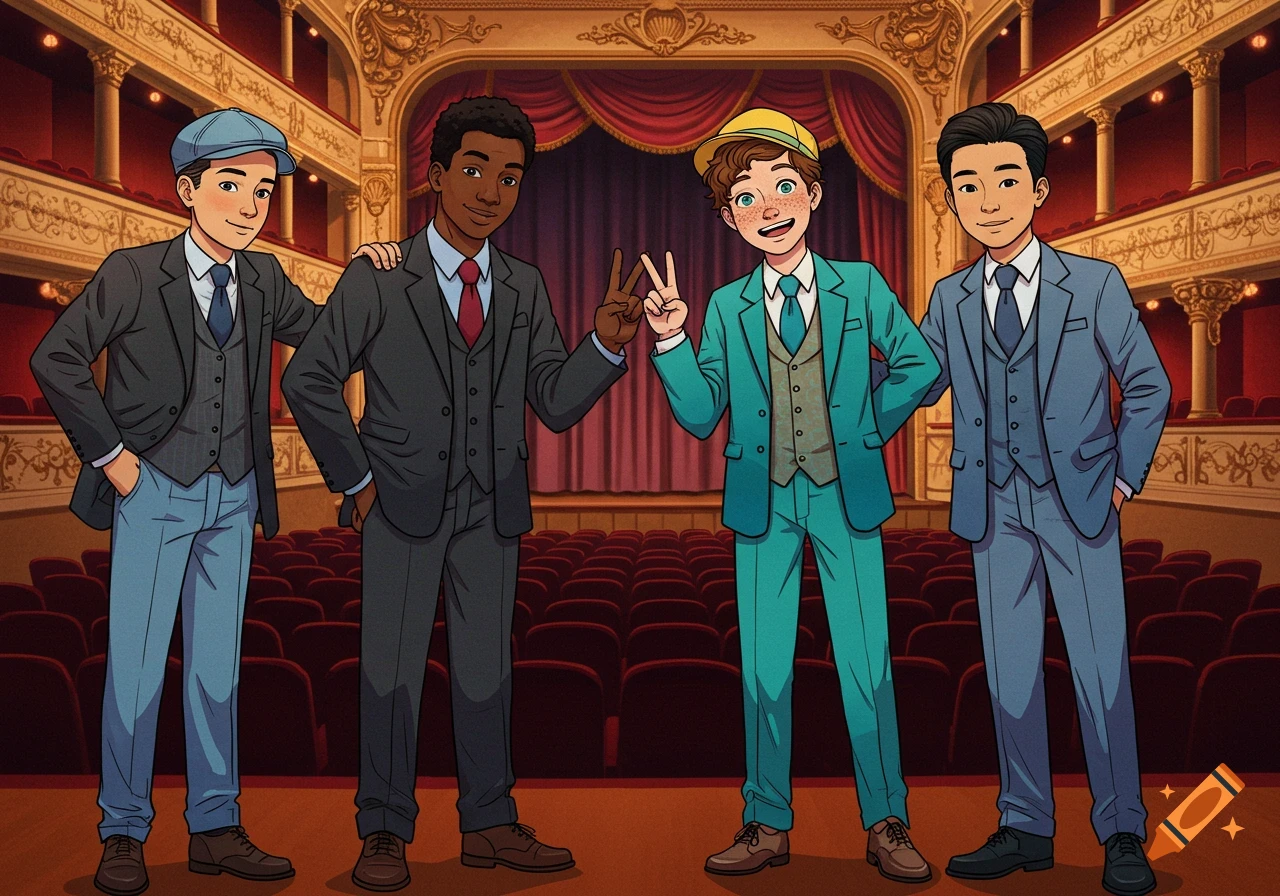Four cartoon/anime-style boys in suits stand on a theatre stage.