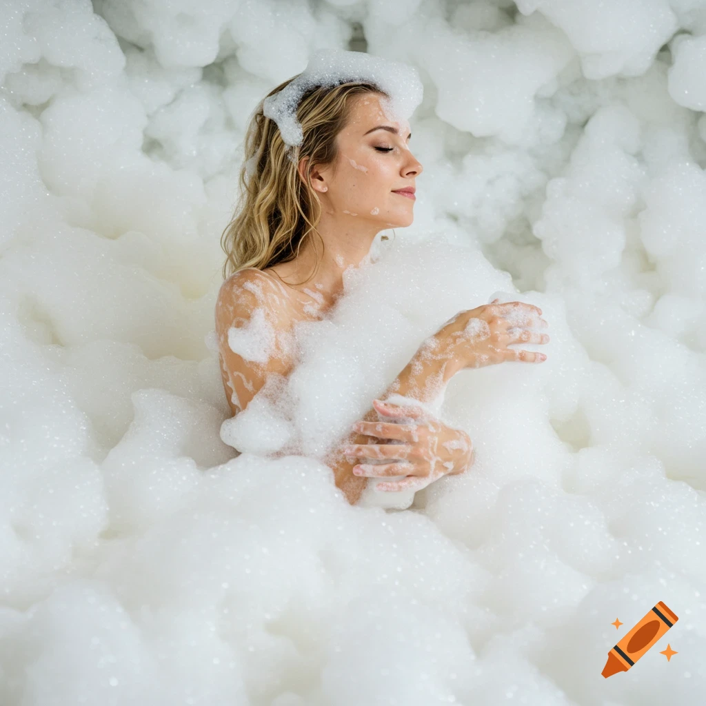 Woman submerged in white foam with eyes closed