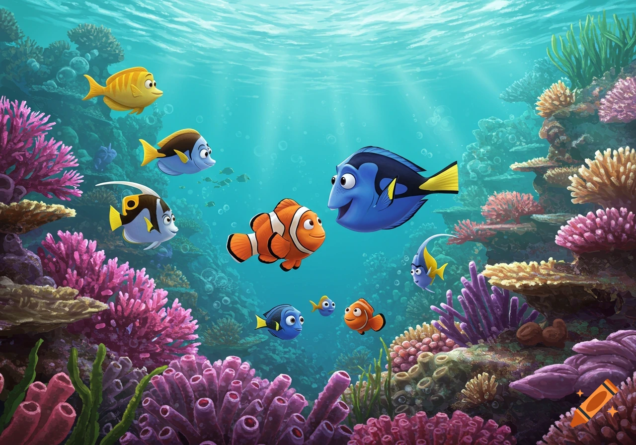 Cartoon fish, including a clownfish and blue tang, swim among colorful coral in an underwater scene.
