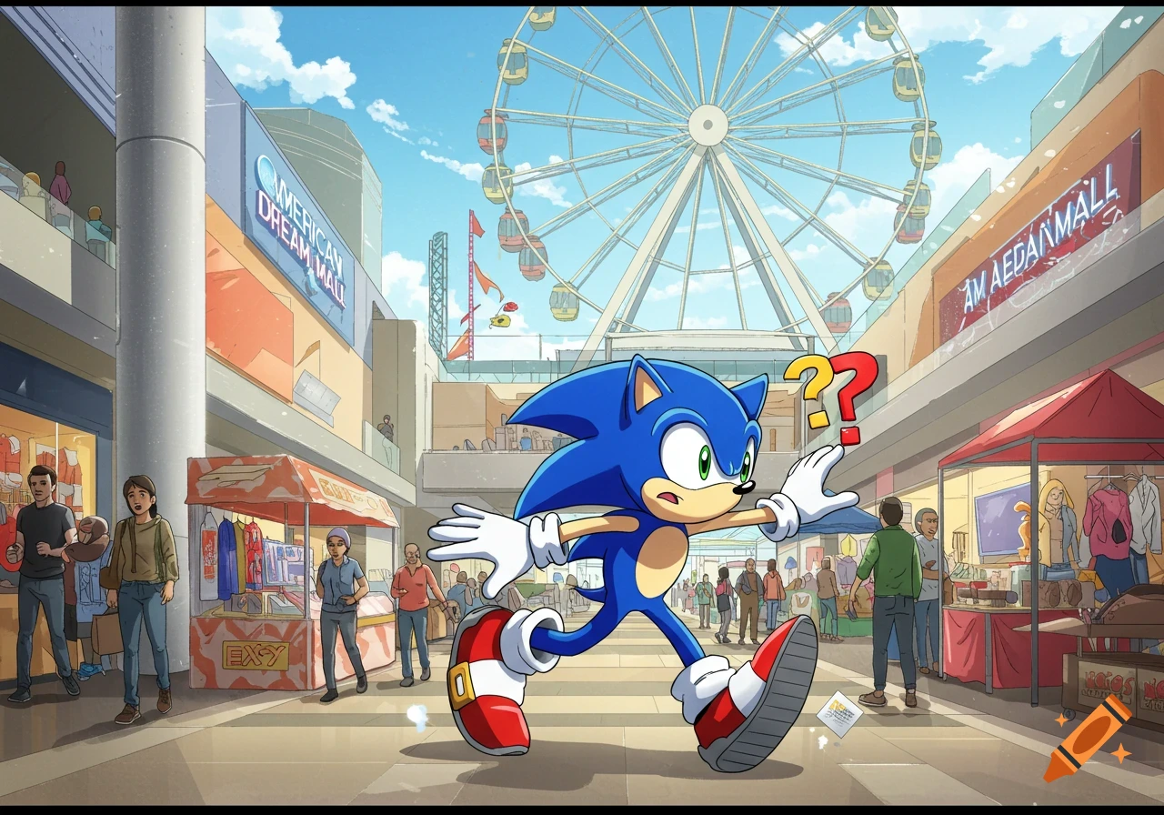 Cartoon of Sonic the Hedgehog looking confused with question marks above his head in a mall with a Ferris wheel
