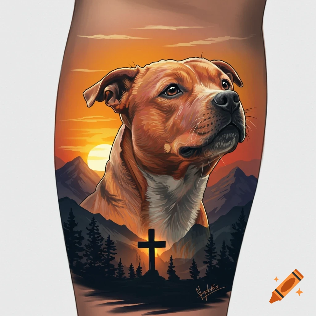 Staffordshire terrier over a mountain landscape with a cross and sunset, in a tattoo art style.