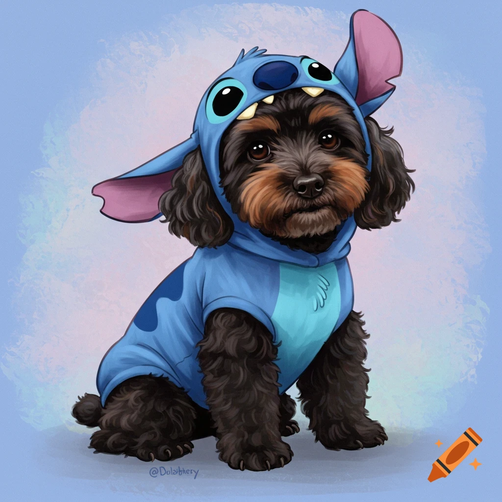 A black cockapoo wears a blue Stitch Disney costume.
