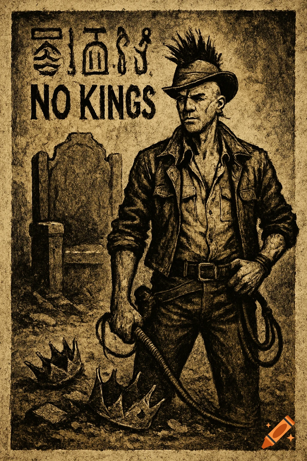 Vintage illustration of a punk archaeologist with a whip standing by a ruined throne and broken crowns, with "NO KINGS" text and symbols.