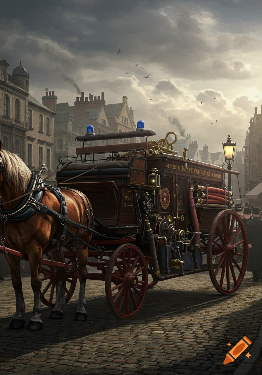 Horse-drawn fire engine on a cobblestone street in a city under a cloudy sky, historical style.