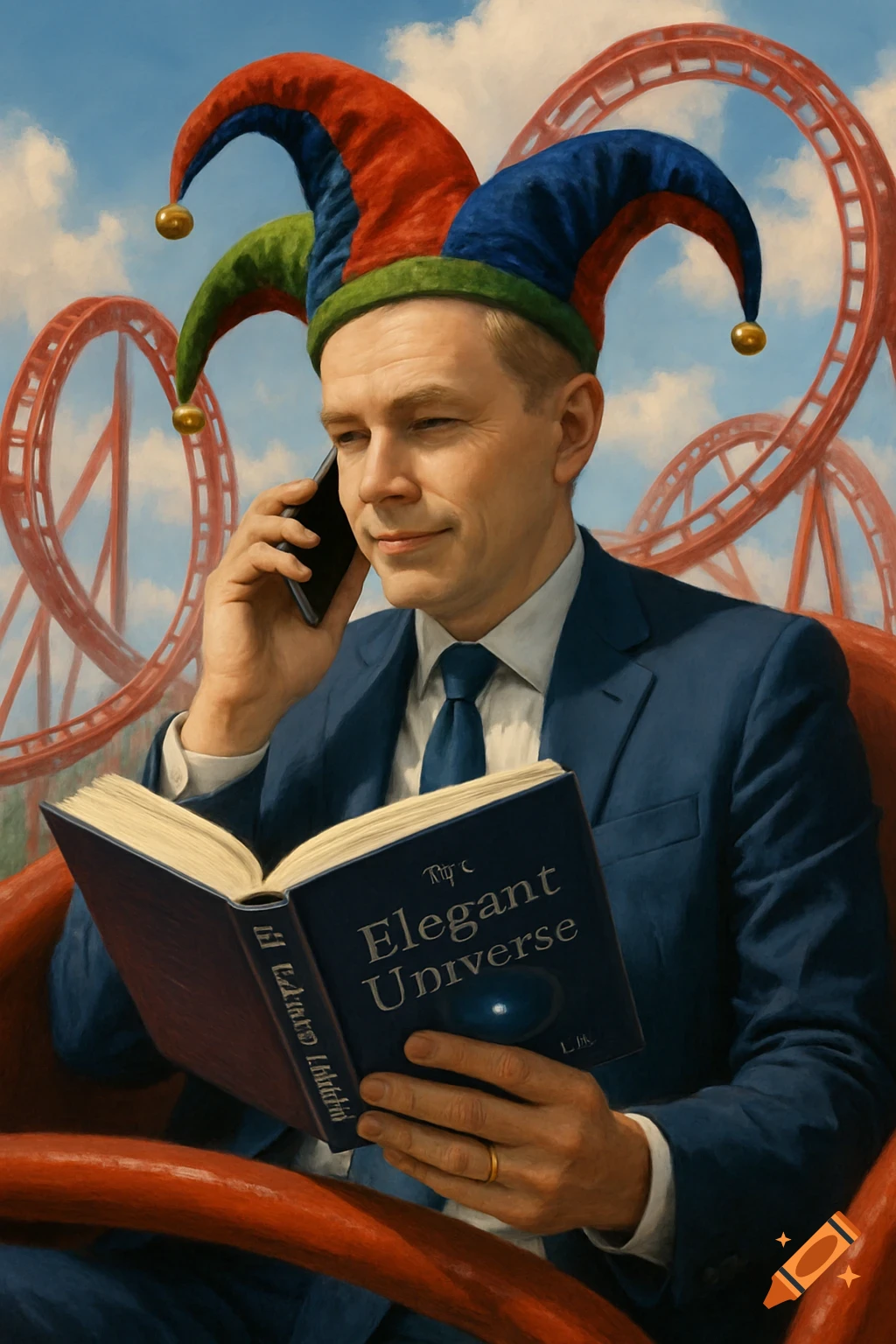 A man in a suit and jester hat reads a book and talks on a phone while riding a roller coaster.