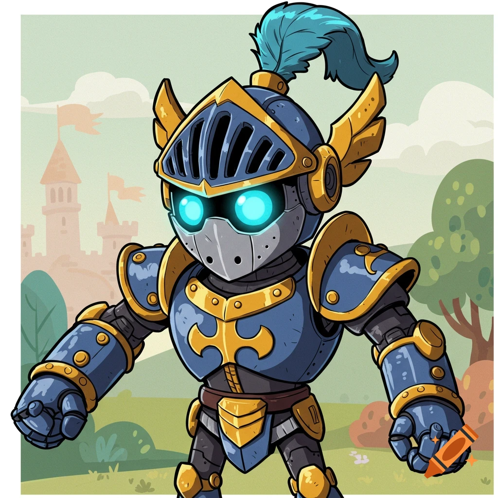 A cartoon-style robot knight with blue eyes and blue and gold armor stands in front of a castle.