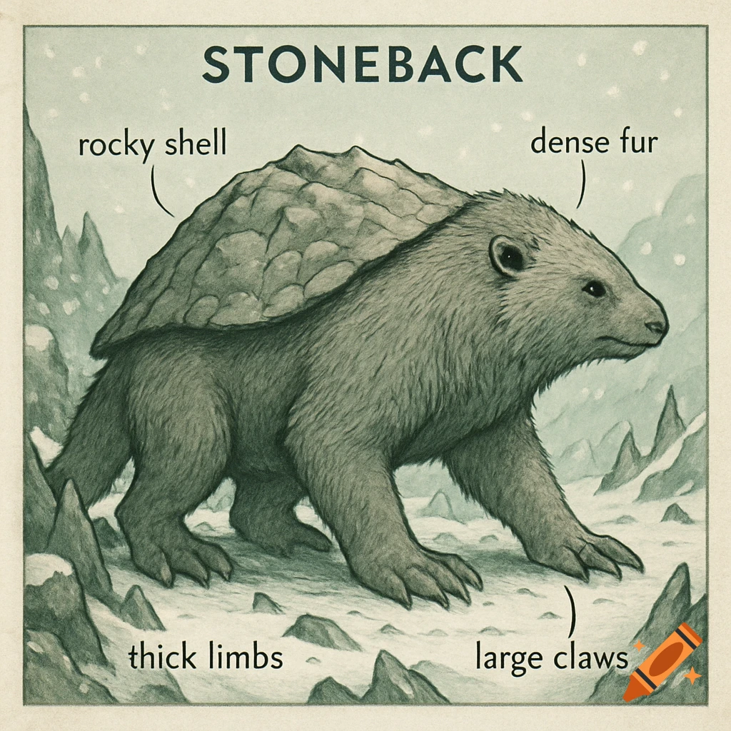 Illustration of a creature called Stoneback with a rocky shell and fur, labeled with its features in a snowy, rocky landscape.