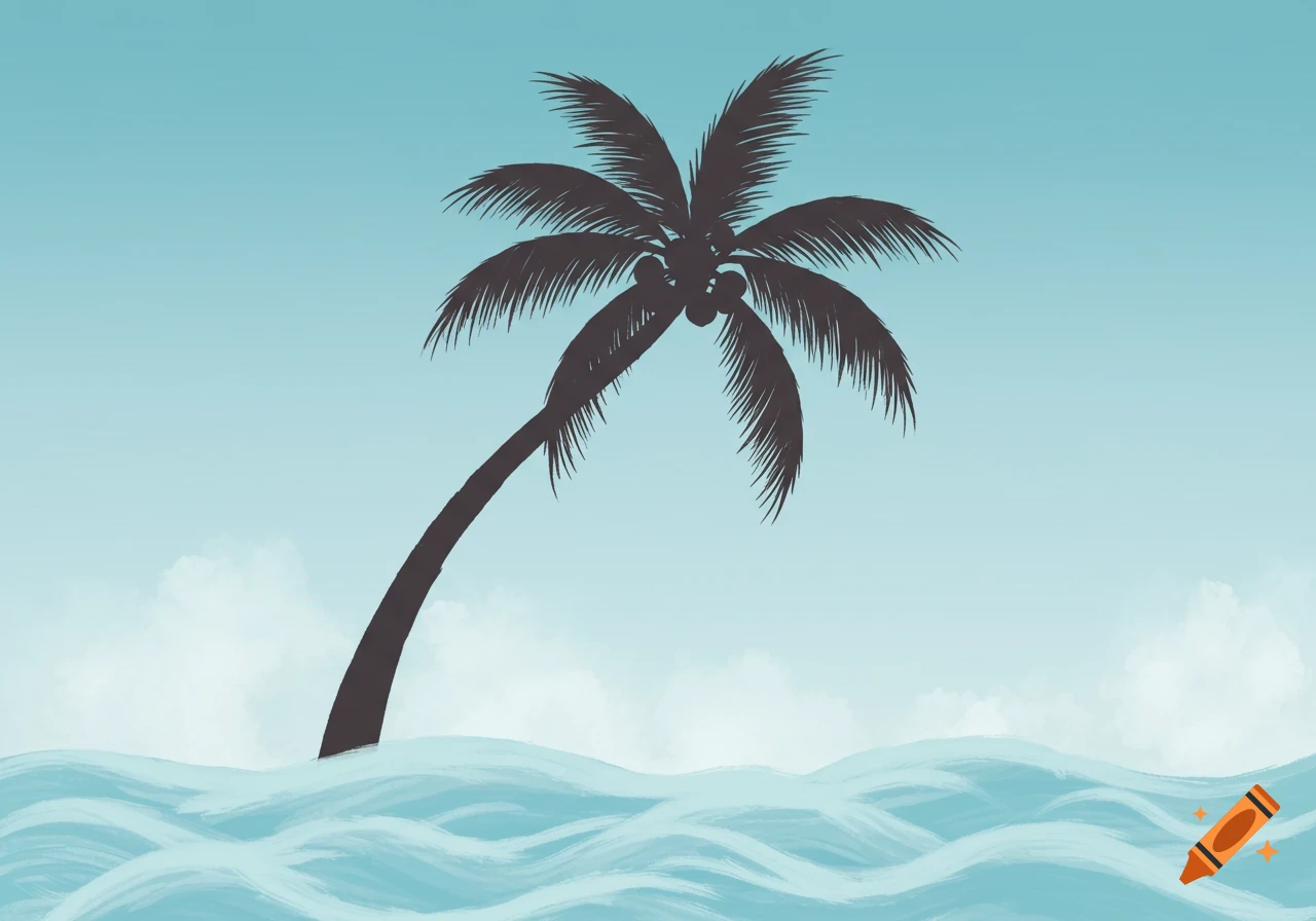 A dark silhouette of a palm tree stands against a light blue sky, with stylized blue waves cresting below.