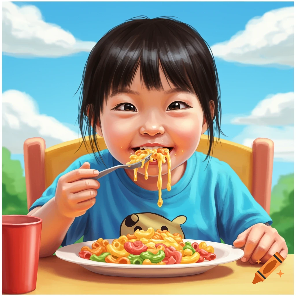 An illustration of a smiling young child eating macaroni and cheese with a fork outdoors.