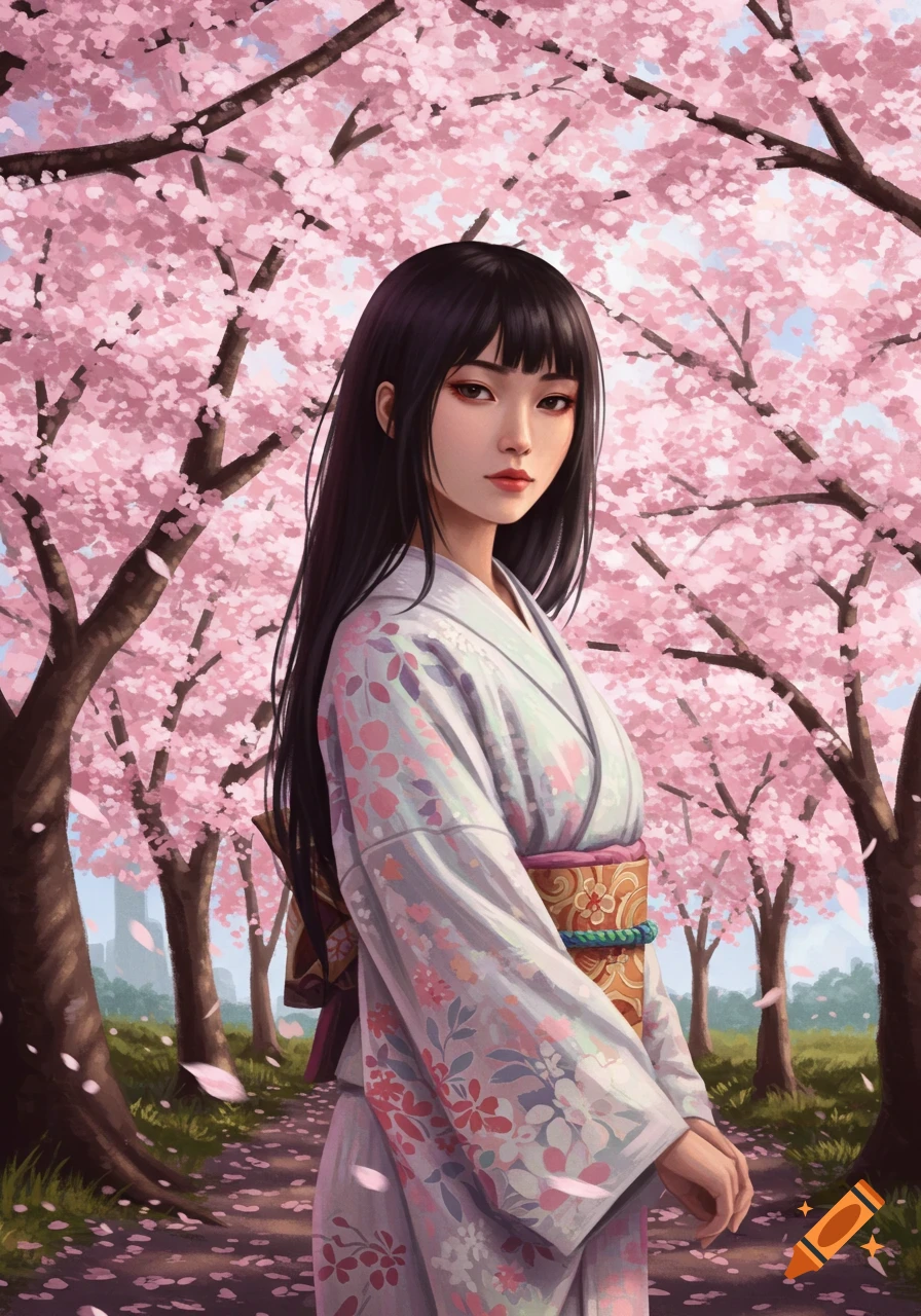 A woman in a kimono stands in a cherry blossom garden.