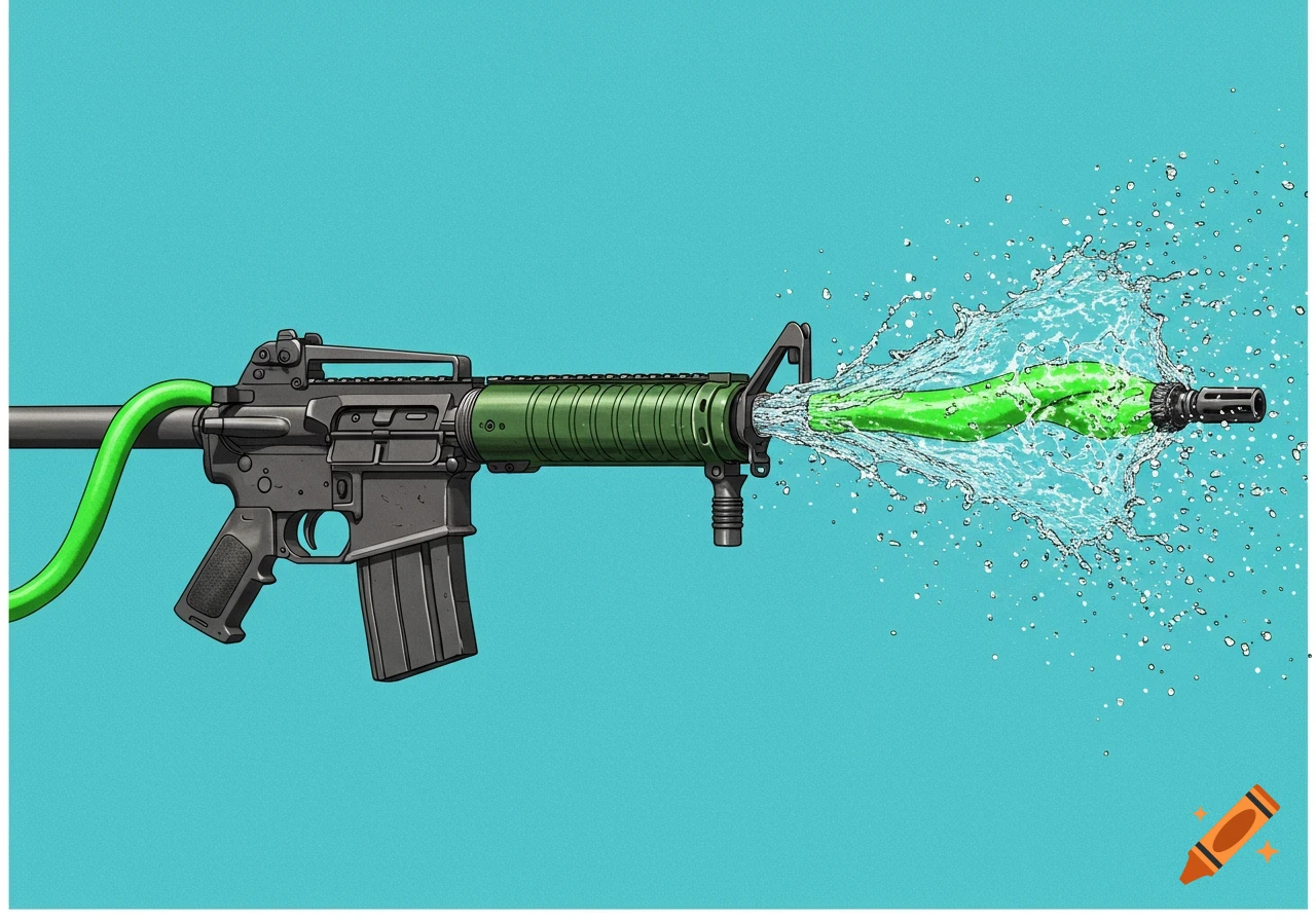 Illustration of an AR-15 rifle with a garden hose barrel shooting water on a blue background
