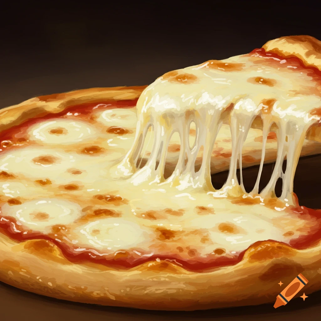 Close-up of a slice of cheesy pizza being lifted, with melted cheese stretching.