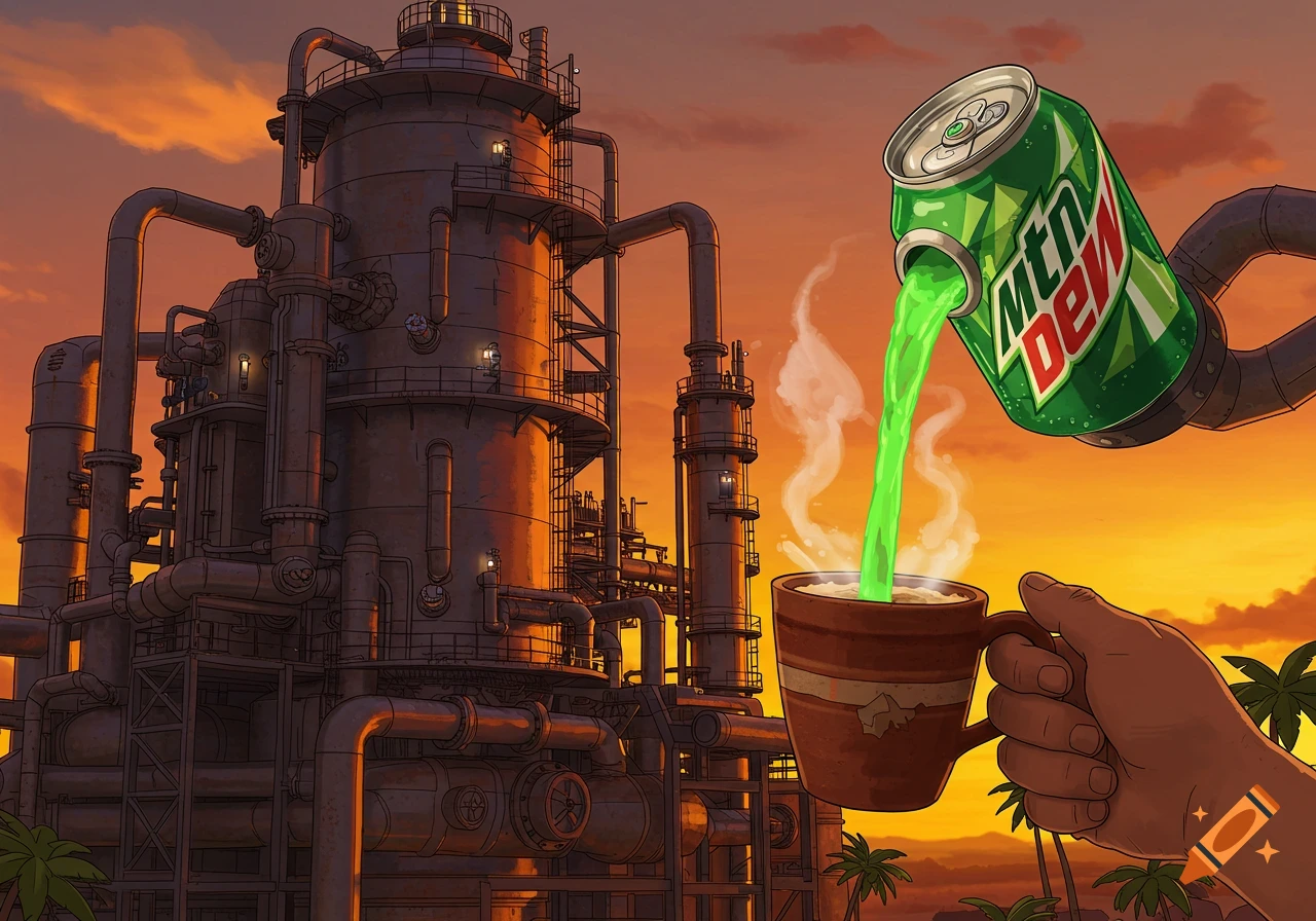 Illustration of a hand pouring green Mountain Dew from a can into a coffee cup, with a large industrial factory in the background at sunset.