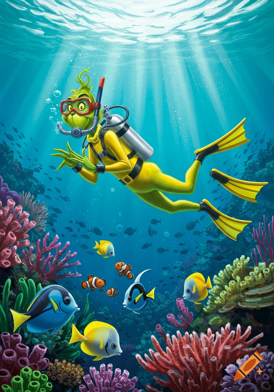 The Grinch scuba diving underwater near a coral reef with fish in a vibrant illustration.
