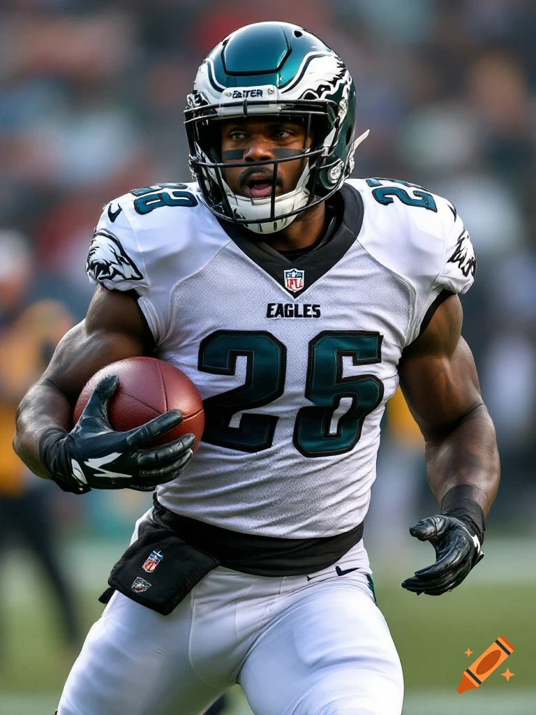 Close-up of a Philadelphia Eagles football player in uniform running with the ball.