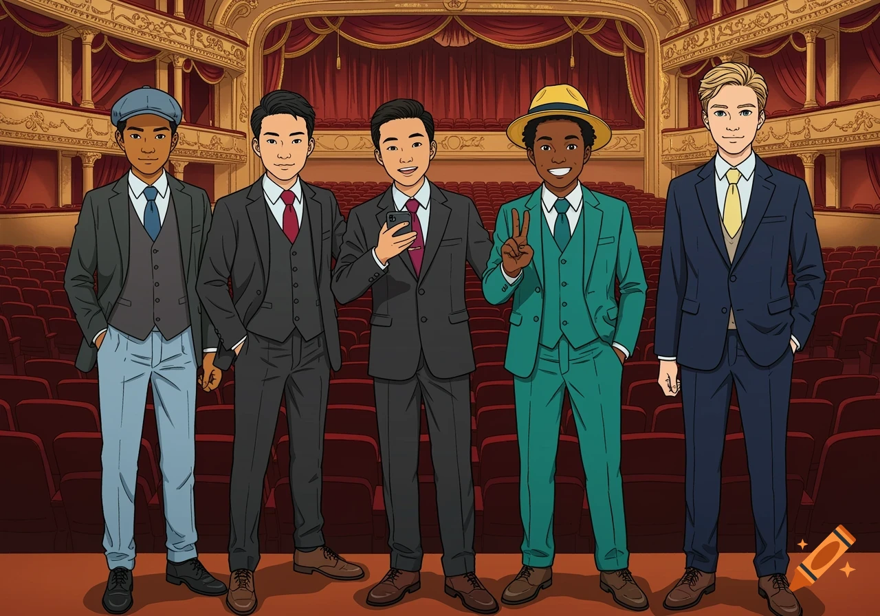 Stylized anime group portrait of five teenage boys in suits standing on a theatre stage.