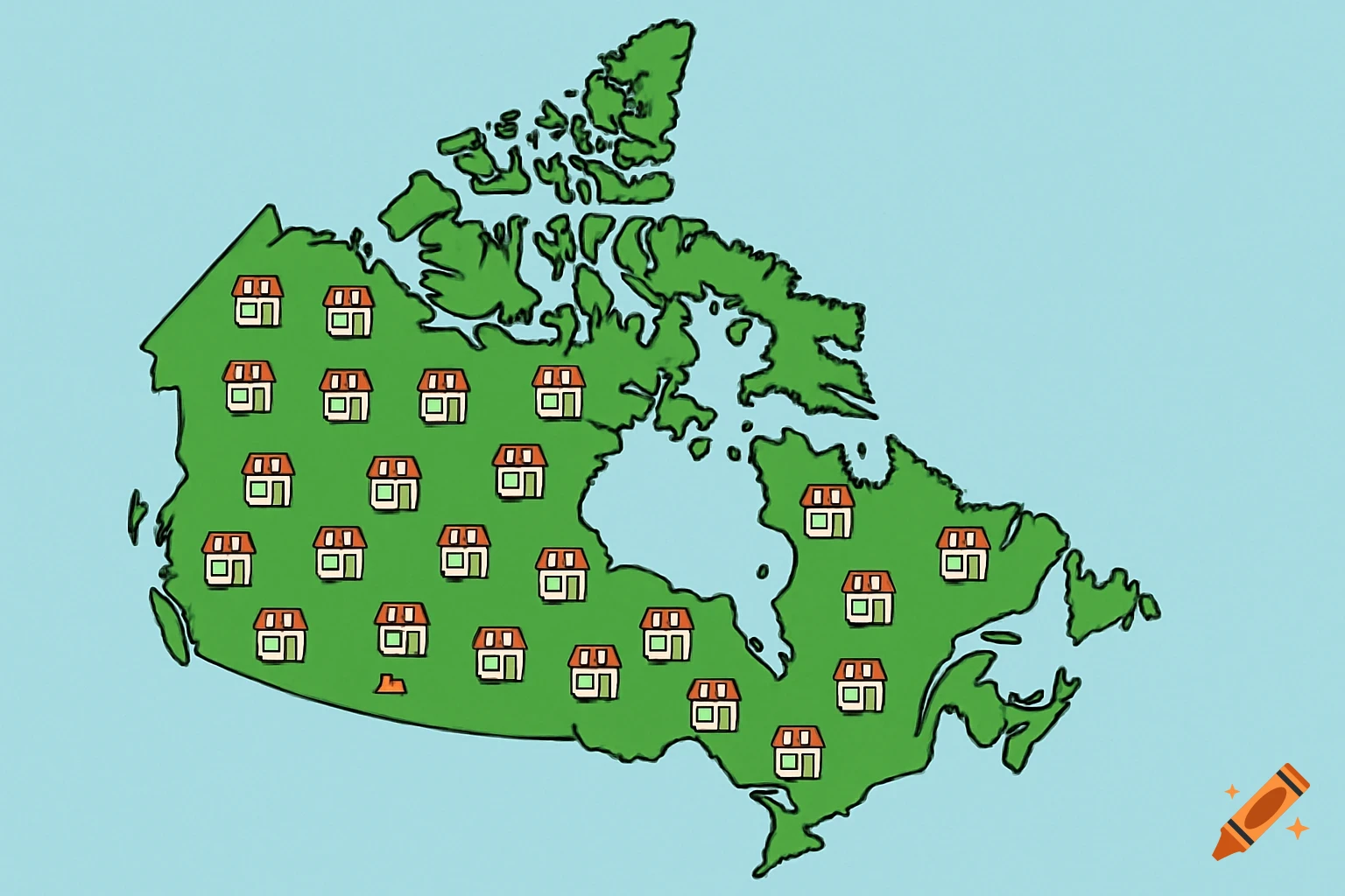 An illustration of a map of Canada covered in small house icons.