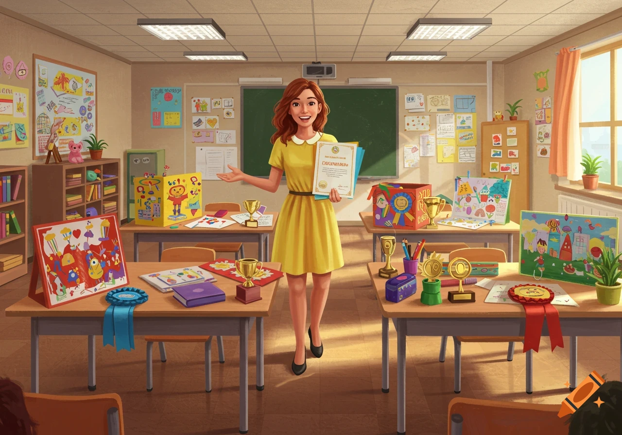 A teacher stands in a classroom surrounded by student artwork and awards.