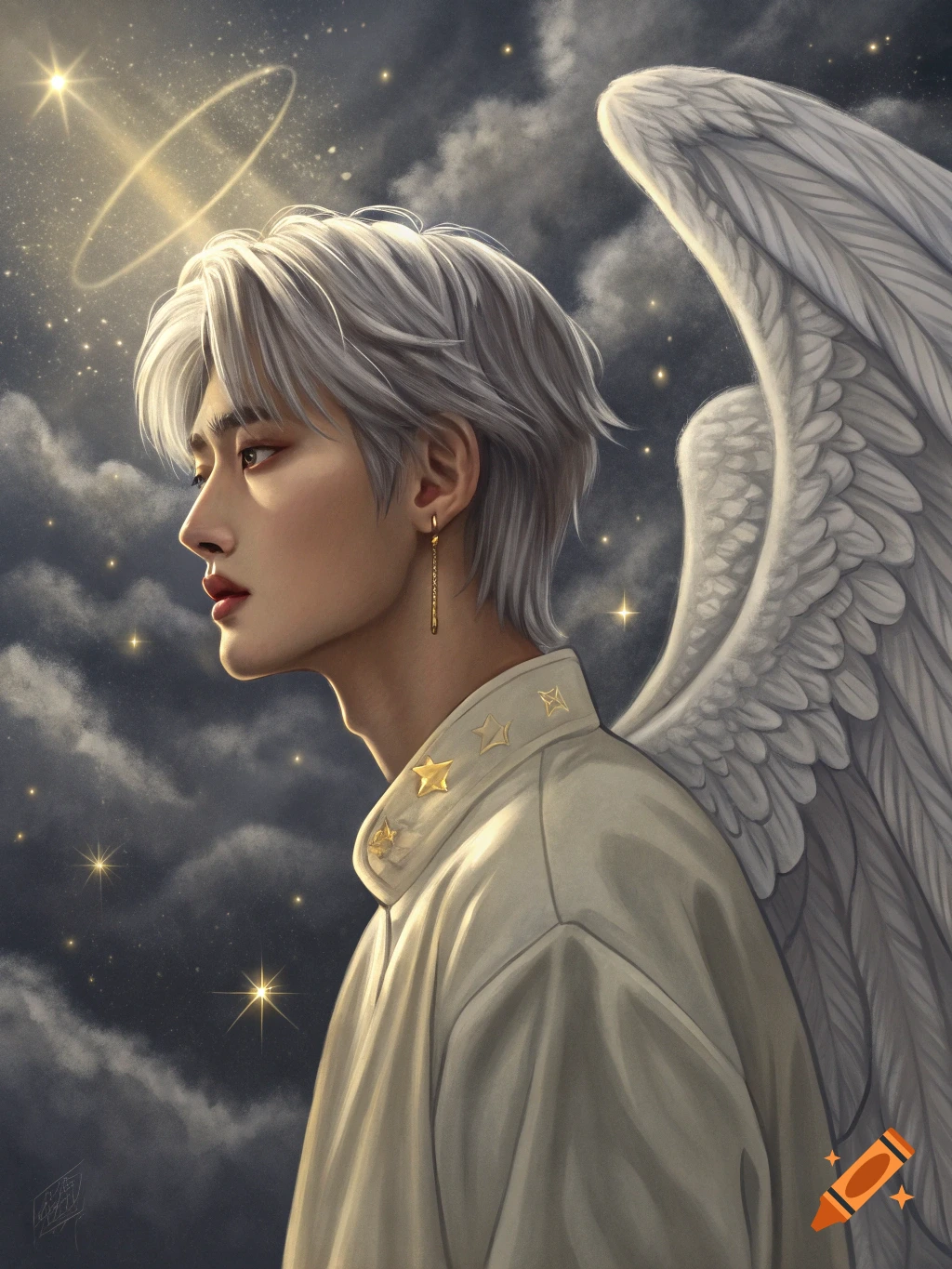 Portrait of a young man with silver hair and an angel wing wearing a halo, against a dark starry sky.