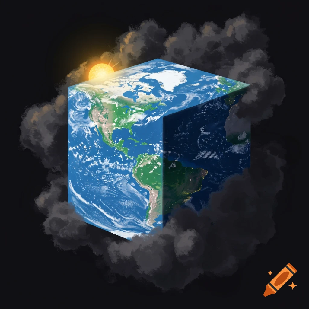 A cubic Earth floats in space, with sunlit and night sides, surrounded by dark clouds.
