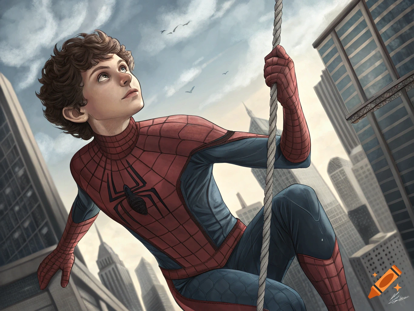 Digital painting of a young Spider-Man swinging on a web above a city.