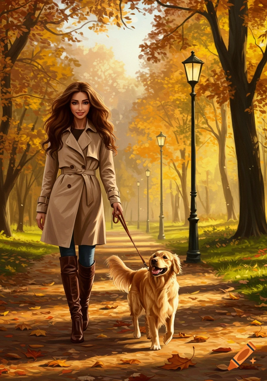 Illustration of a woman walking a golden retriever on an autumn path in a park.