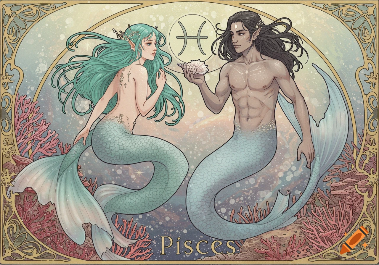 Art Nouveau illustration of a mermaid and merman underwater holding a shell, with the Pisces symbol and text.