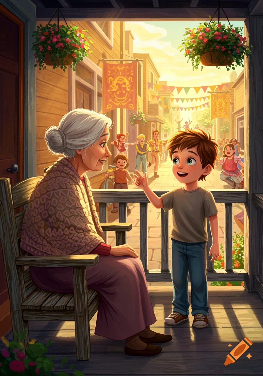 Illustration of an old woman and a boy on a porch watching people dance in a sunny street during a festival.