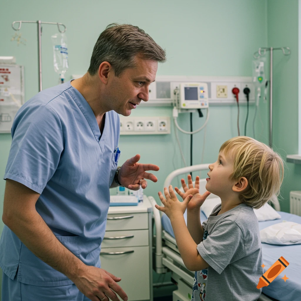 A doctor in scrubs talks to a young blonde child in a hospital room.