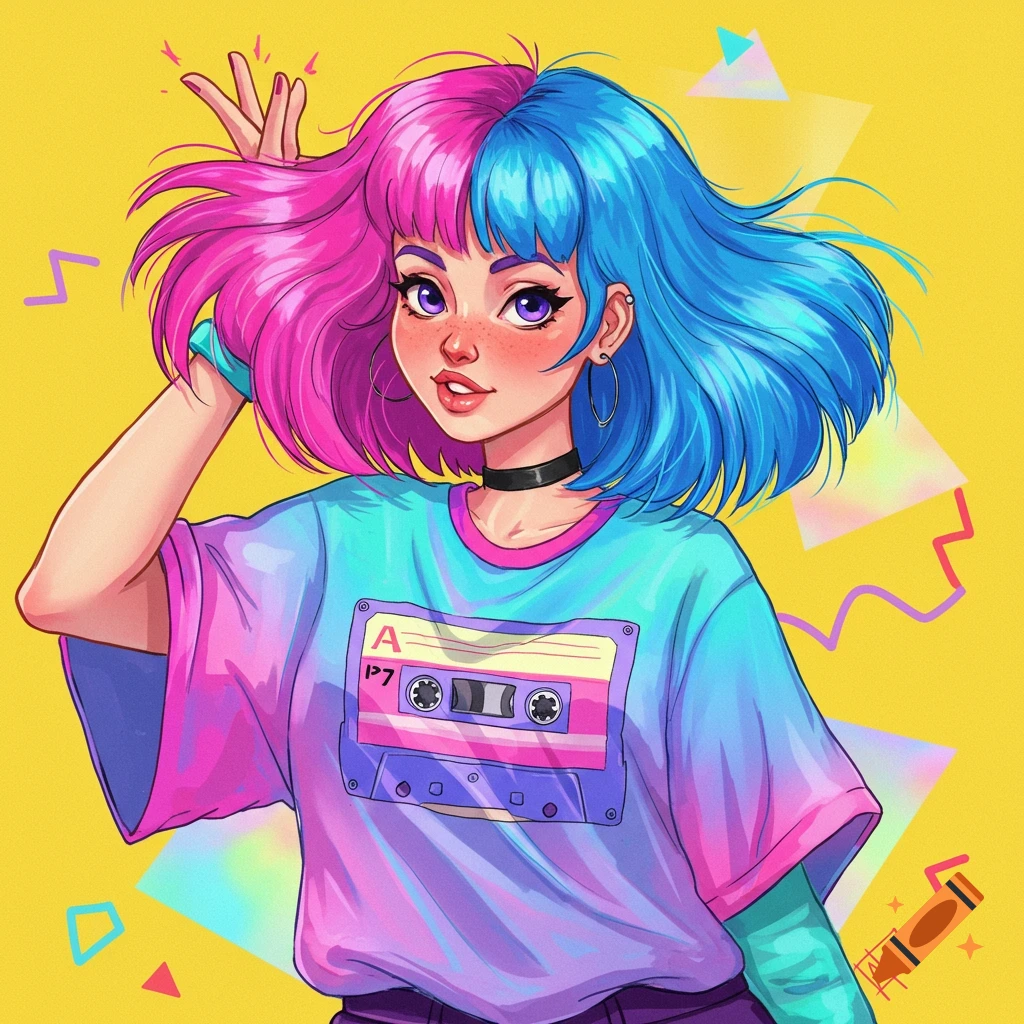 Anime girl with split pink and blue hair wearing a retro t-shirt with a cassette tape design