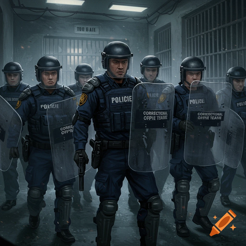 Correctional officers in riot gear stand in a prison hallway.