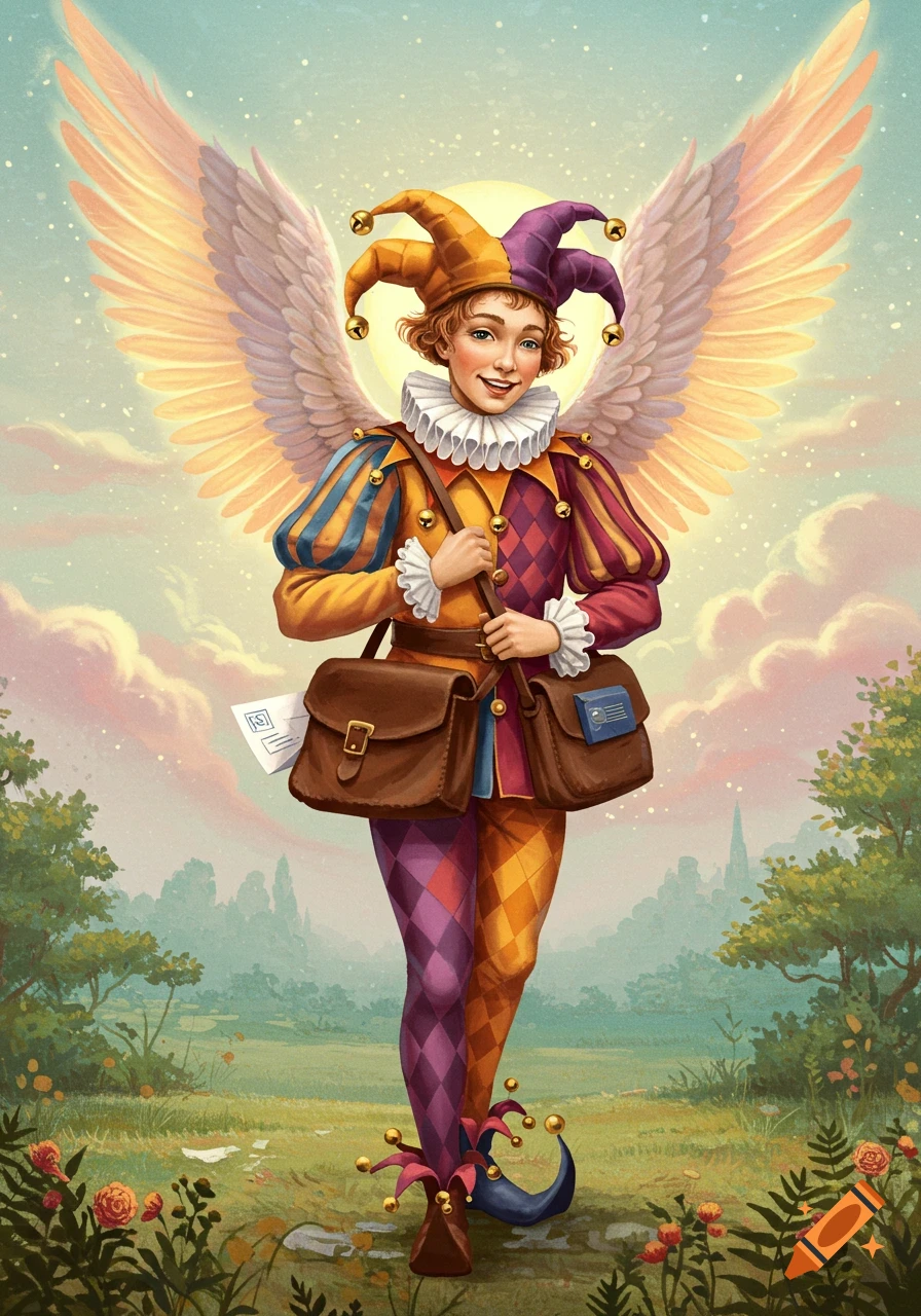 A winged jester in a colorful costume carries mailbags in a sunny field. Illustration.