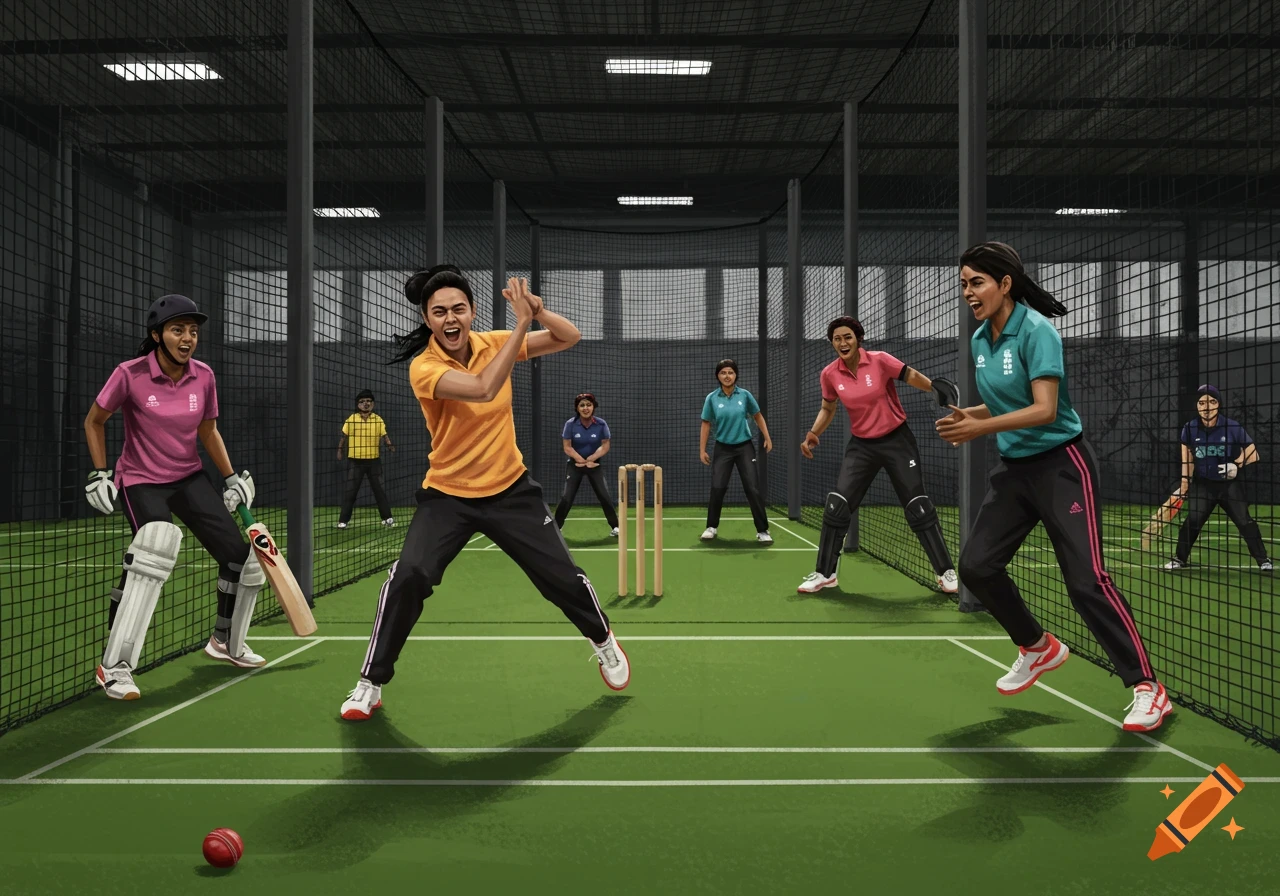 Illustration of women playing cricket indoors in a net facility.