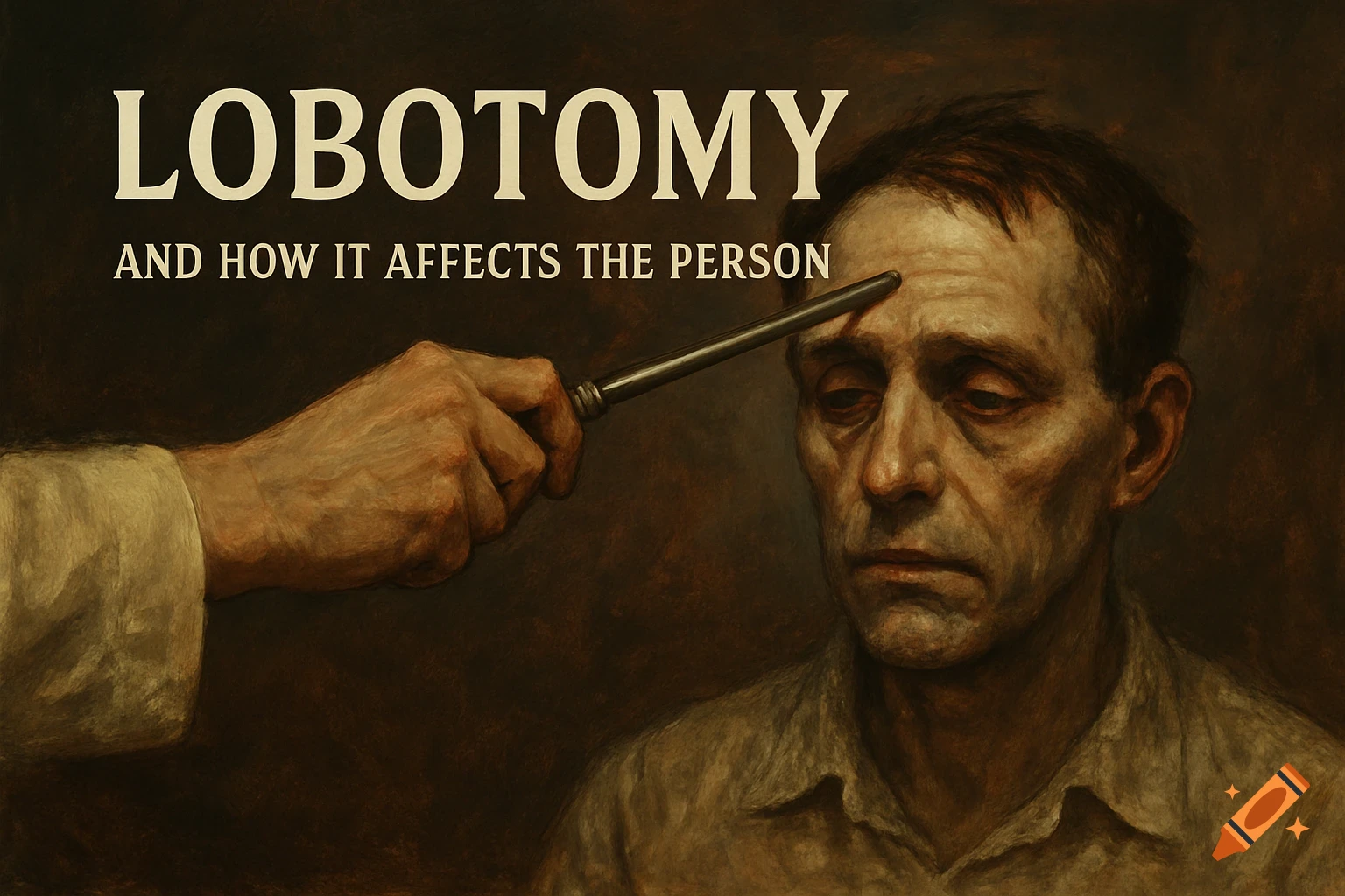Artwork depicting a lobotomy procedure on a man, with text overlay "LOBOTOMY AND HOW IT AFFECTS THE PERSON".