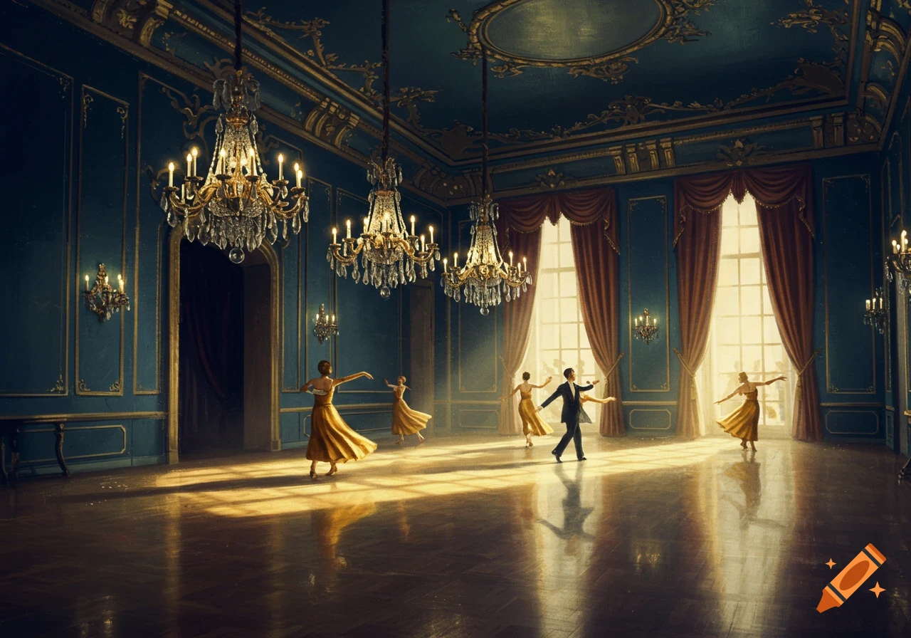 People dancing in a grand blue and gold ballroom with chandeliers and sunlight streaming through windows.