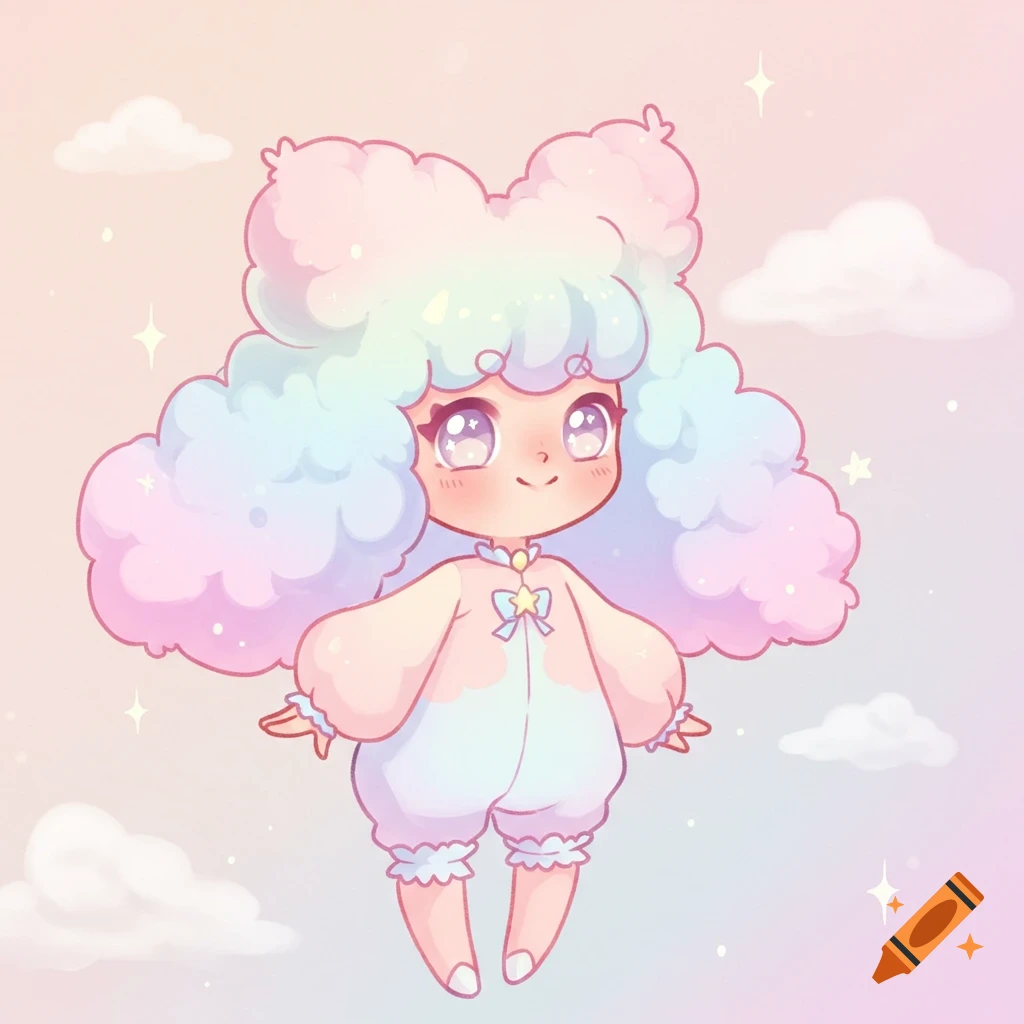 Cute anime character with pastel hair floating among clouds and stars.