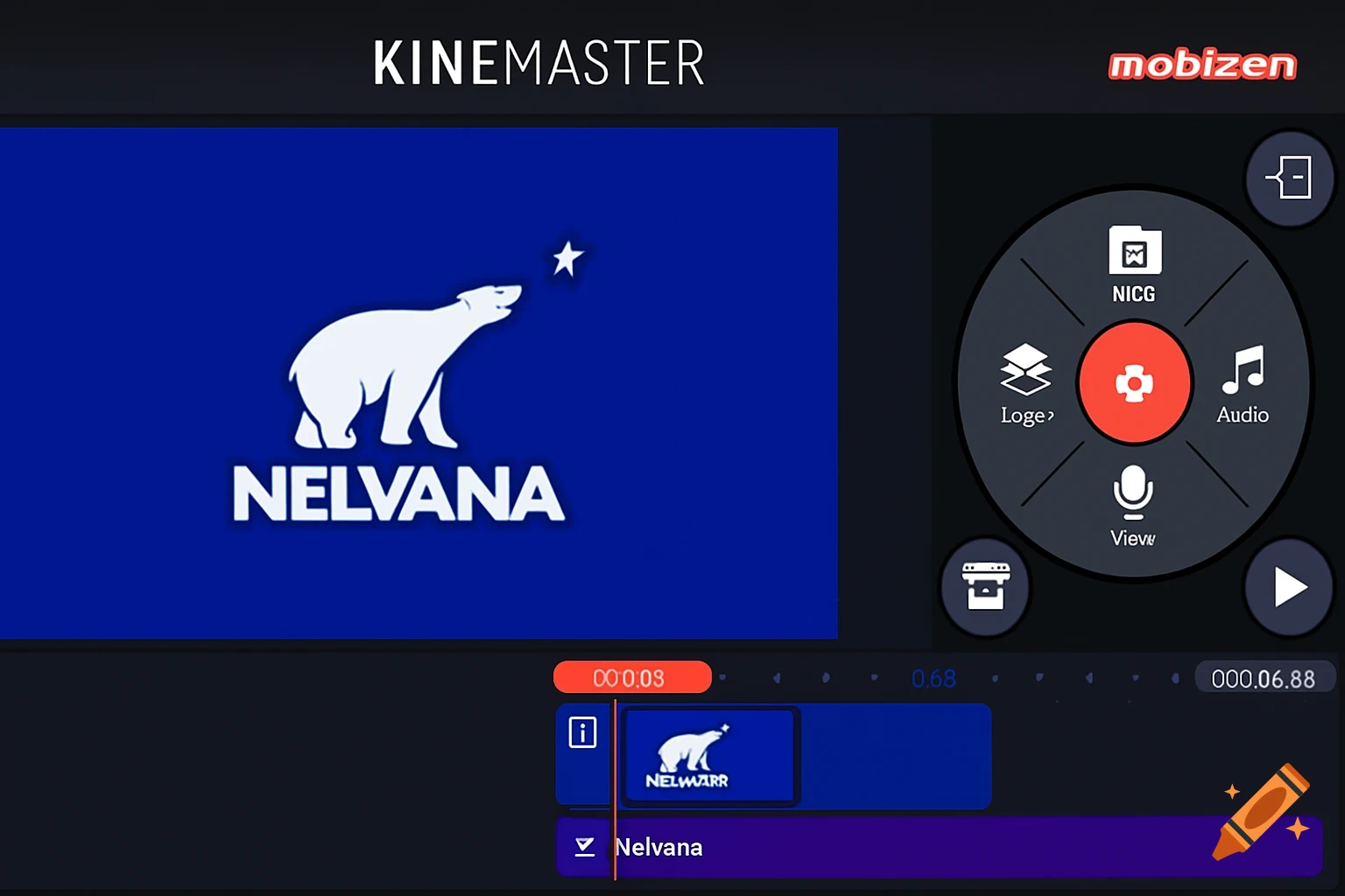 Screenshot of KineMaster video editor showing the Nelvana logo (white polar bear, star on blue) on screen, timeline, controls, and Mobizen logo.